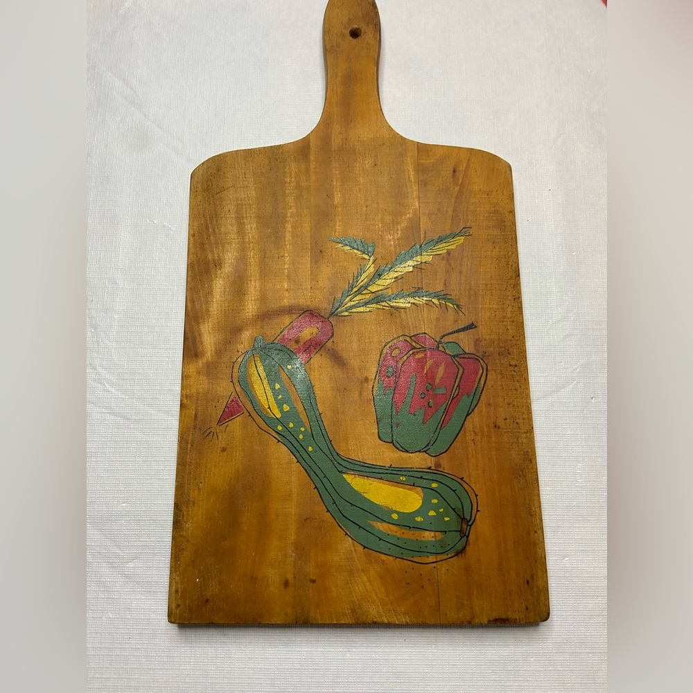 Cutting Board With Painted Veggies Approx 14”Long 7” Wide Well Loved
